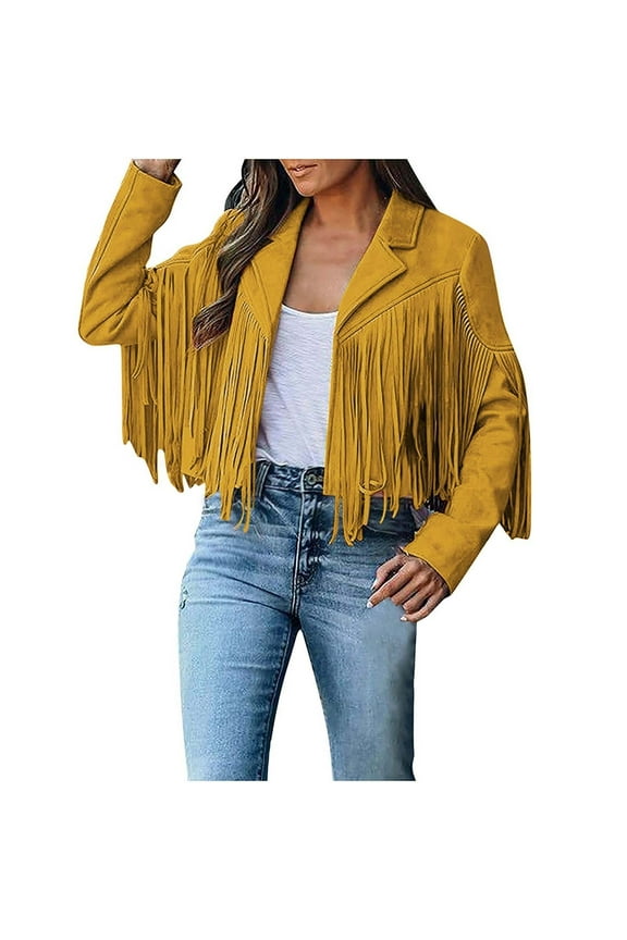 Women's Fringe Suede Leather Jackets Fall Fashion Tassel Cropped Long Sleeve Coats for Party
