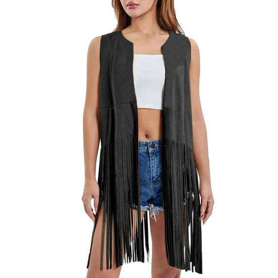 Kaemgyyd Women's Fringe Vest 70s Vintage Sleeveless Coat Loose Fashion Open Front Cardigan Tassel Outerwear