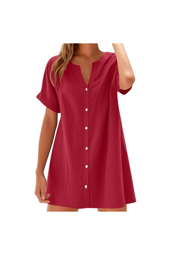 Womens Button down Shirt Dresses Cotton Linen Notch V Neck Tunic Dress Flowy Short Sleeve Beach Cover up Dress