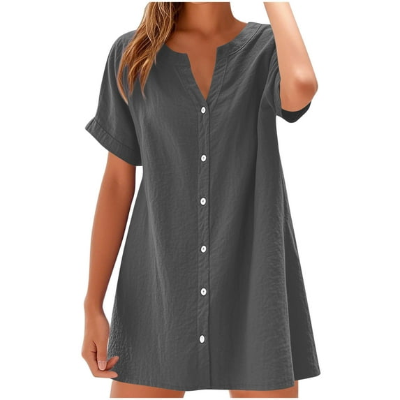 Kaemgyyd Womens Button down Shirt Dresses Cotton Linen Notch V Neck Tunic Dress Flowy Short Sleeve Beach Cover up Dress