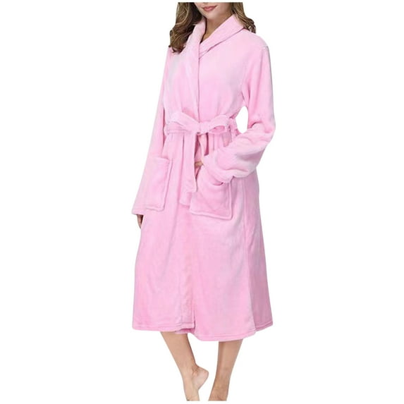 Kaemgyyd Women's Fuzzy Robe Loose Fit Long Sleeve Fleece Sherpa Winter Bathrobe with Pockets Lounge Mid-Length Belted Sleepwear