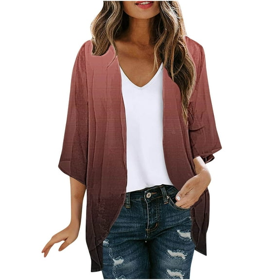 Kaemgyyd Women's Gradient Cardigans Cusual Open Front 3/4 Sleeve Beach Summer Tops Lightweight Trendy Chiffon Cardigan