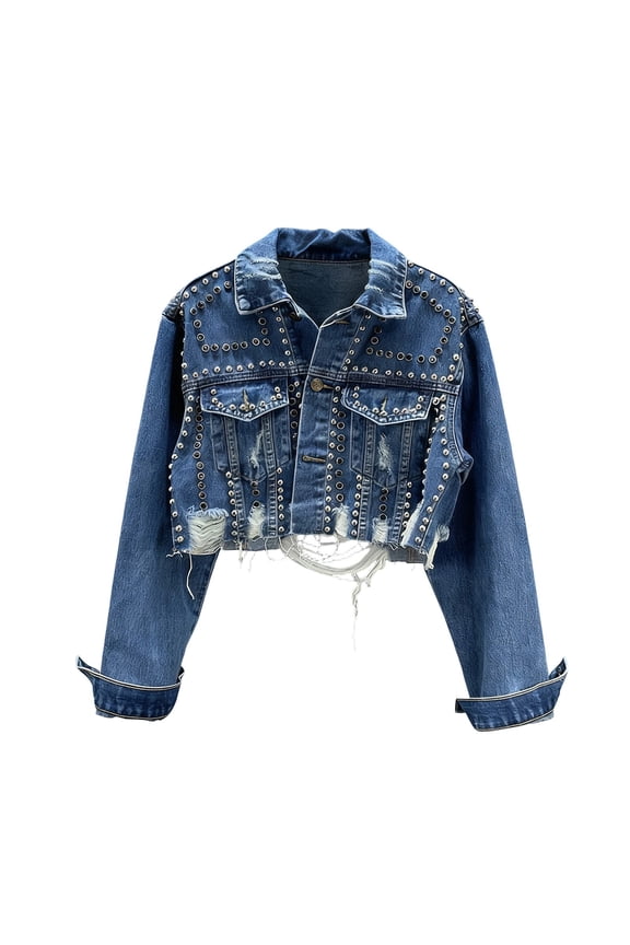 Women's Jean Jacket Trendy Stretch Cropped Button Down Denim Jackets Fitted Ripped Jean Coat Fall Outwear with Pockets