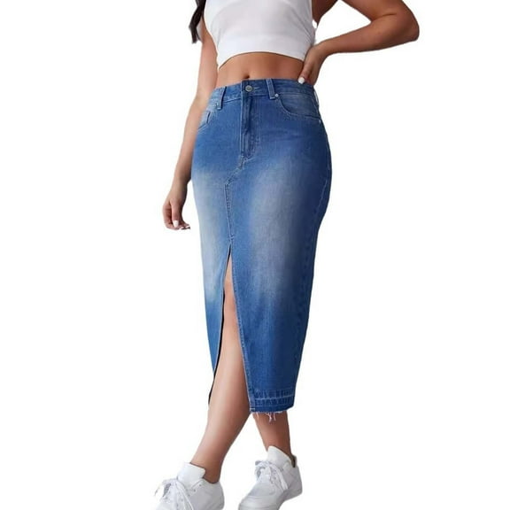 Kaemgyyd Women's Jean Skirts Split Casual High Waist Bodycon Denim Pencil Skirt Button Slim Trendy Midi Skirt