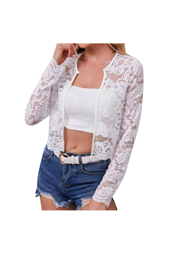 Women's Lace Cardigan Summer Trendy Mesh Open Front Long Sleeve Coat Elegant Print Cropped Jacket Cover Up