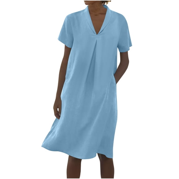 Kaemgyyd Women's Linen Shirt Dresses Summer Casual Short Sleeve Tunic Midi Dress Loose Fit V Neck Solid Color Beach Dresses