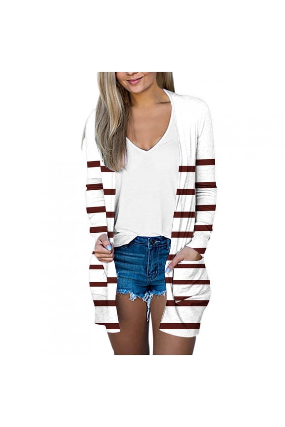 Women's Long Cardigans Trendy Open Front Stripe Loose Cardigans with Pockets Lightweight Fall Coat