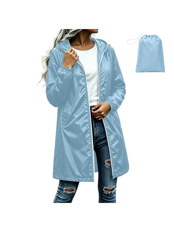 Women's Long Raincoat Lightweight Hooded Jacket Packable Knee Length Coat Waterproof Zip up Outwear