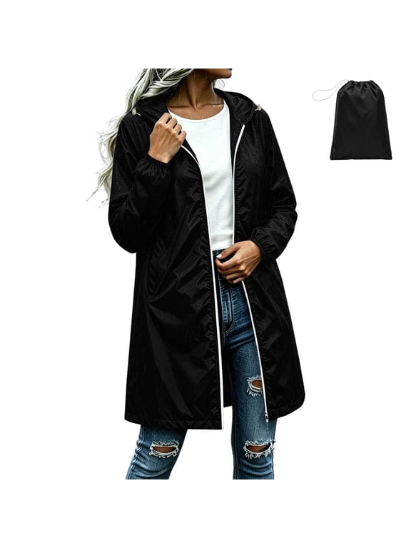 Women's Long Raincoat Lightweight Hooded Jacket Packable Knee Length Coat Waterproof Zip up Outwear