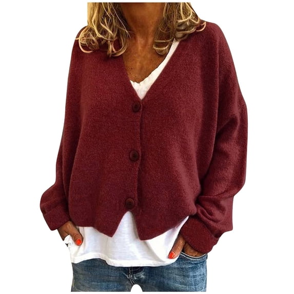 Kaemgyyd Women's Long Sleeve Cardigan Fall Trendy V Neck Button down Spring Cardigan Loose Fit Solid Color Warm Cropped Knit Top