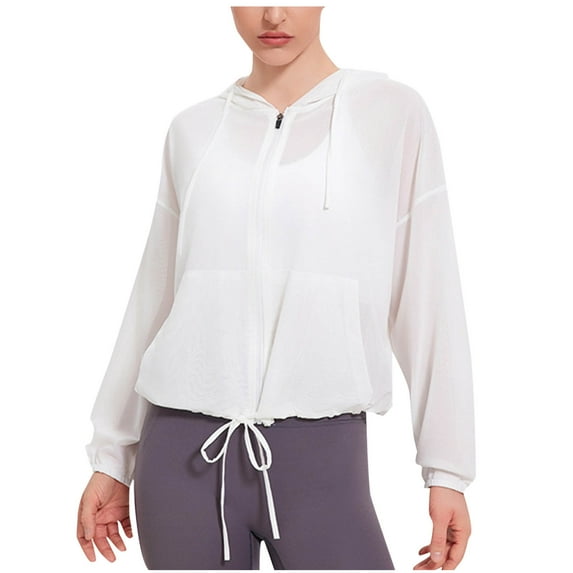 Kaemgyyd Women's Long Sleeve Cardigan Fashion See Through Mesh Coat Tops Zipper Hooded Drawstring Jackets Summer Outwear