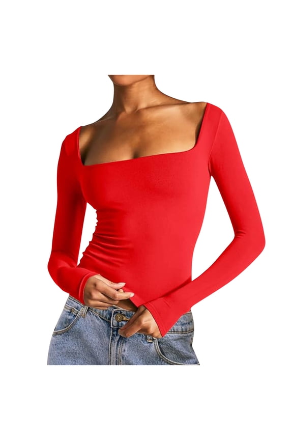 Women's Long Sleeve T Shirts Square Neck Slim Fitted Casual Tee Tops Cute Ruched Going out Clothes Fall Basic Base Layer