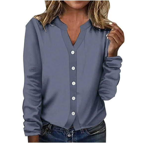 Kaemgyyd Women's Long Sleeve V Neck Button down Cardigan Classic Solid Color Fall Tops Outwear Jackets