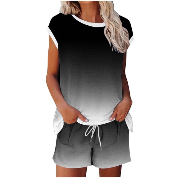 Kaemgyyd Women's Lounge Set Fashion Gradation Cap Sleeve Crew Neck Tops with Drawstring Shorts Two Piece Matching Set