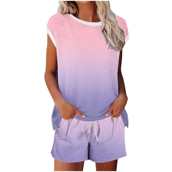 Kaemgyyd Women's Lounge Set Fashion Gradation Cap Sleeve Crew Neck Tops with Drawstring Shorts Two Piece Matching Set
