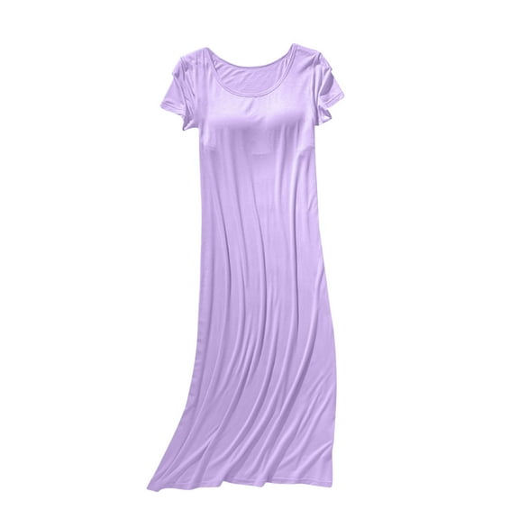 Kaemgyyd Women's Nightgowns Sleepshirts Soft Comfy Short Sleeve Sleepwear Solid Crew Neck Sleep Dress Loungewear Built in Bra