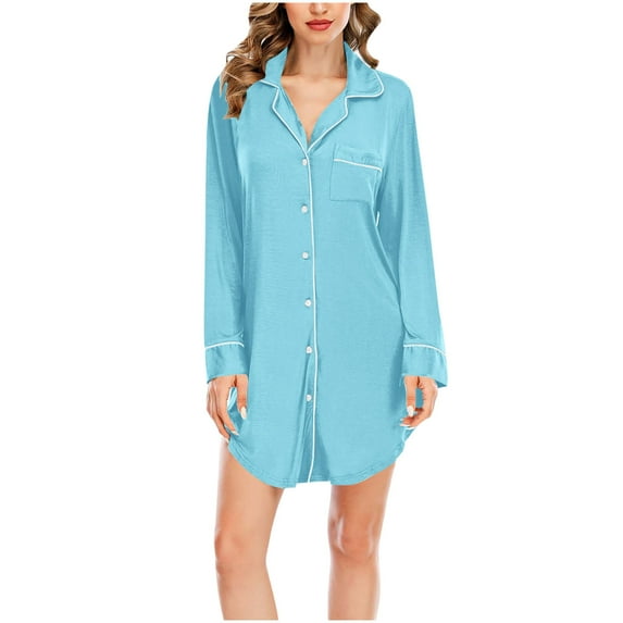 Kaemgyyd Women's Nightshirt Soft Loose Long Sleeve Button down Sleepshirt Curved Hem Sleepwear Nightdress Pajama Dress