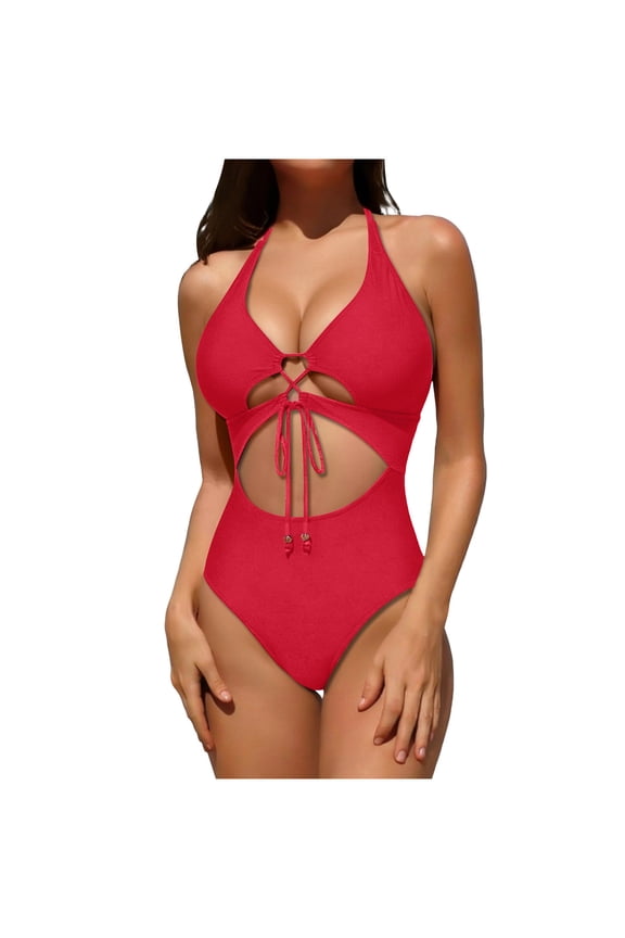Women's One Piece Swimsuit Cutout Cross Back Slimming Swimwear Fashion Tie Front Body Shaper Bathing Suit