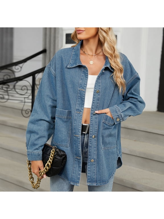Women's Oversized Denim Jacket Vintage Loose Long Sleeves Button down Jean Coat with Pockets Lightweight Fall Outwear