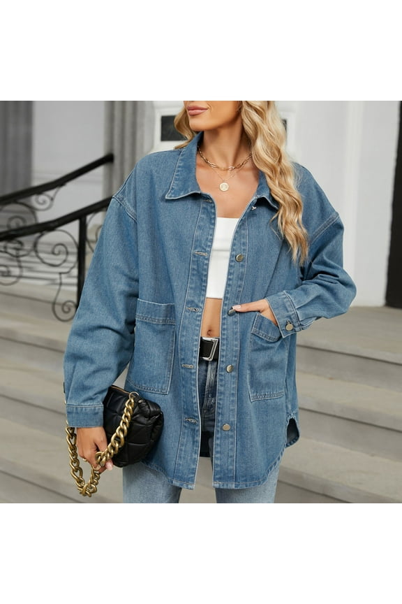Women's Oversized Denim Jacket Vintage Loose Long Sleeves Button down Jean Coat with Pockets Lightweight Fall Outwear