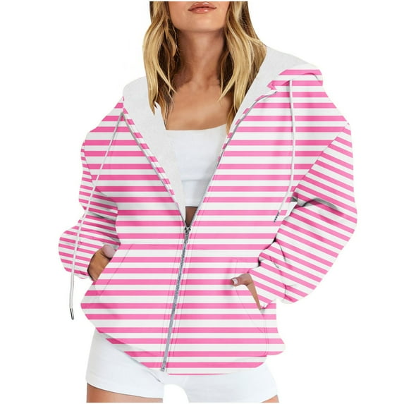 Kaemgyyd Women's Oversized Hoodies Full Zip up Stripe Printing Long Sleeve Sweatshirts Drawstring Jackets Coat with Pockets