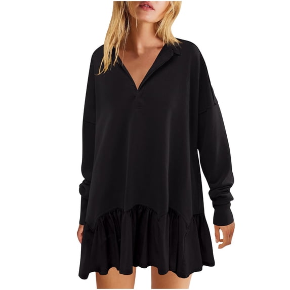 Kaemgyyd Women's Oversized Sweatshirt Dress Patchwork Long Sleeve V Neck Pullover Dress Casual Ruffle Hem Flowy Mini Dress