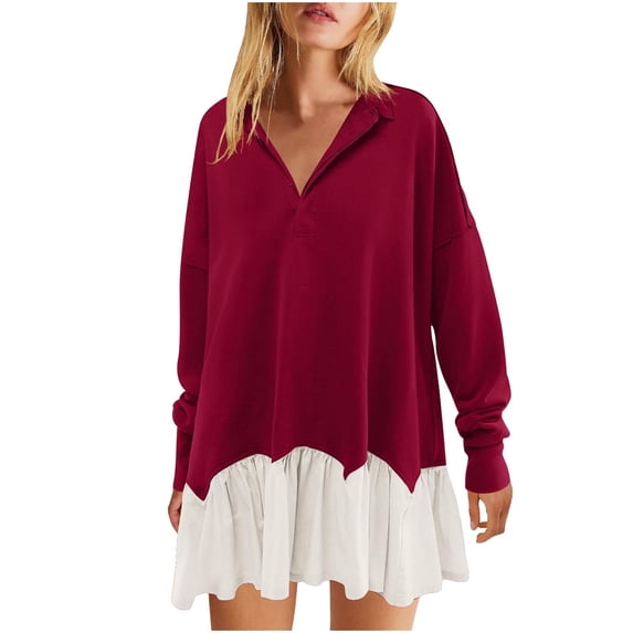 Kaemgyyd Women's Oversized Sweatshirt Dress Patchwork Long Sleeve V Neck Pullover Dress Casual Ruffle Hem Flowy Mini Dress