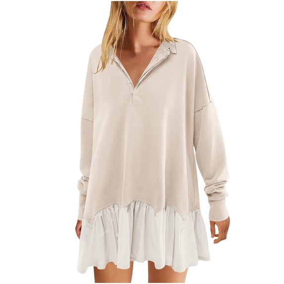 Kaemgyyd Women's Oversized Sweatshirt Dress Patchwork Long Sleeve V Neck Pullover Dress Casual Ruffle Hem Flowy Mini Dress