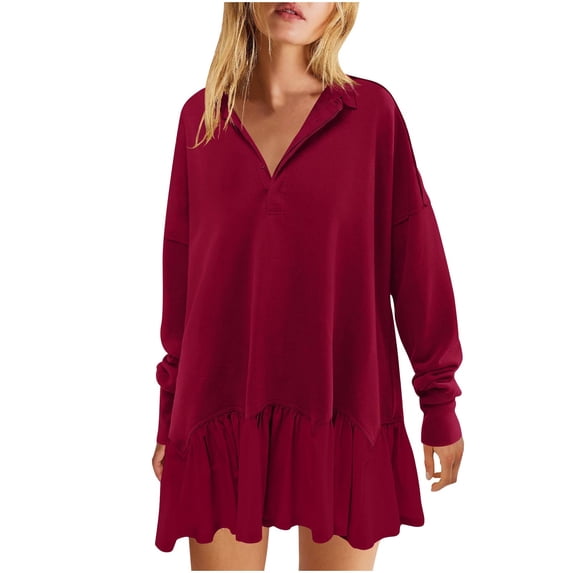 Kaemgyyd Women's Oversized Sweatshirt Dress Patchwork Long Sleeve V Neck Pullover Dress Casual Ruffle Hem Flowy Mini Dress