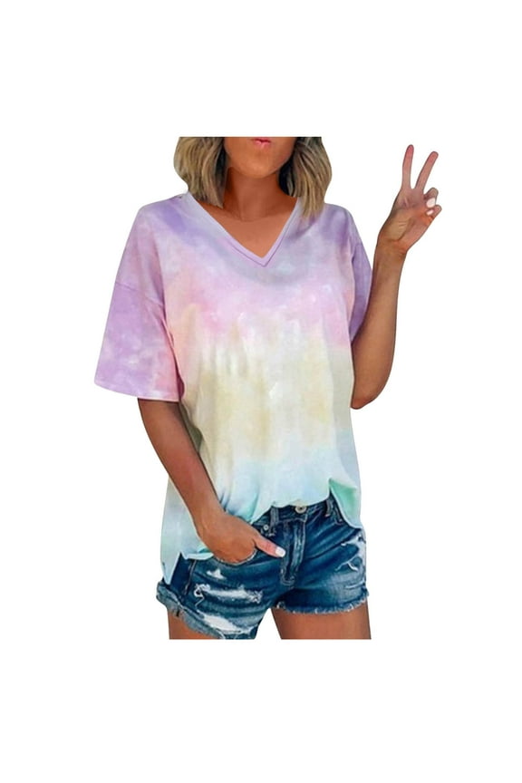 Women's Oversized T Shirts Fashion Half Sleeve V Neck Tie-Dye Summer Tops Casual Loose Basic Tee Trendy Clothes