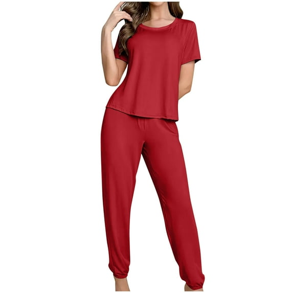 Kaemgyyd Women's Pajamas Set 2 Piece of Lounge Set Cozy Soft Short Sleeve Sleepwear Tops and Elastic Waist Pants Solid Pjs Sets