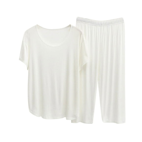 Kaemgyyd Women's Pajamas Set Modal Short Sleeve Scoop Neck Sleepwear Breathable Loose Elastic Waist Capris 2 Piece Pjs Sets