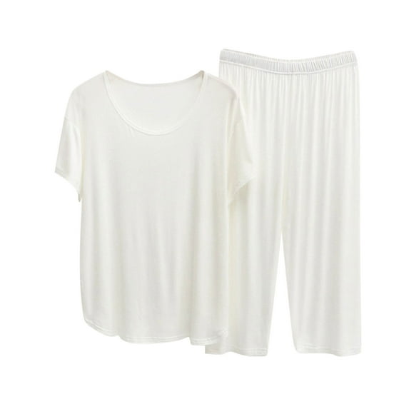 Kaemgyyd Women's Pajamas Set Modal Short Sleeve Scoop Neck Sleepwear Breathable Loose Elastic Waist Capris 2 Piece Pjs Sets