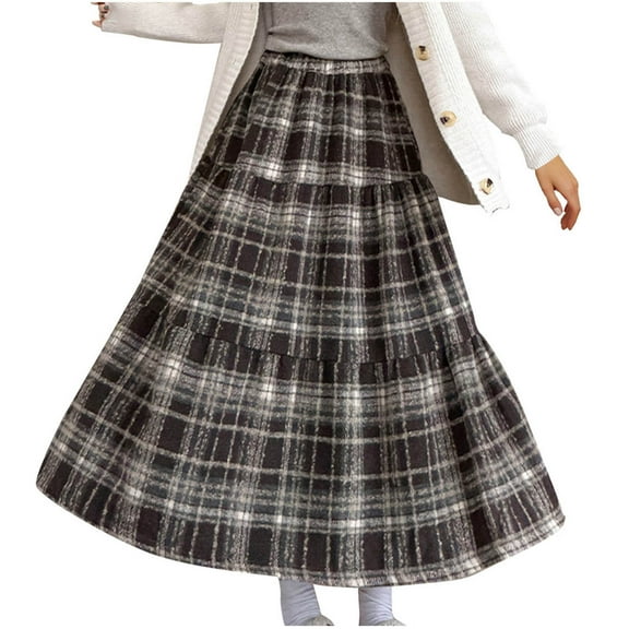 Kaemgyyd Women's Plaid Skirt Fashion High Waisted Wool Blend Midi Skirts Spring Fall A-Line Ruffle Skirt