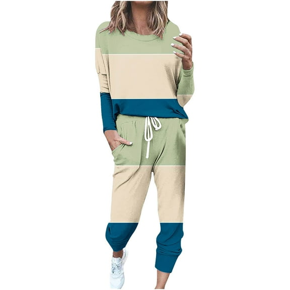 Kaemgyyd Women's Plus Size 2 Piece Outfit Tracksuit Color Block Crewneck Long Sleeve Tops Drawstring Sweatpants Outfits Lounge Sets