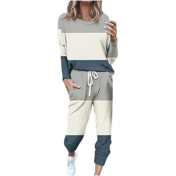 Kaemgyyd Women's Plus Size 2 Piece Outfit Tracksuit Color Block Crewneck Long Sleeve Tops Drawstring Sweatpants Outfits Lounge Sets