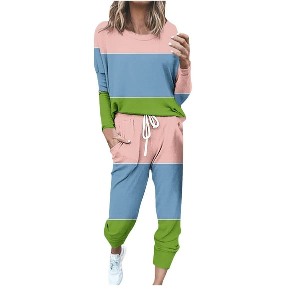 Kaemgyyd Women's Plus Size 2 Piece Outfit Tracksuit Color Block Crewneck Long Sleeve Tops Drawstring Sweatpants Outfits Lounge Sets