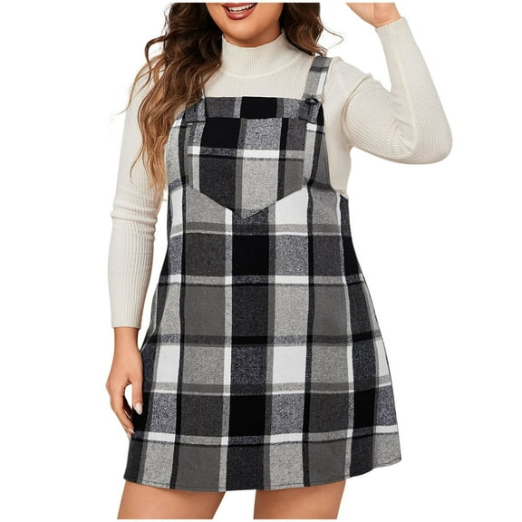 Kaemgyyd Women's Plus Size Dress Casual Plaid Sleeveless Overall Dress Fashion Flowy A-Line Mini Dresses Fall Winter Outfit