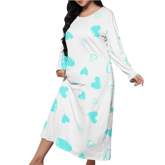 Kaemgyyd Women's Plus Size Nightgown Cute Heart Crew Neck Warm Sleep Shirt Lightweight Long Sleeve Shower Bathrobe Sleepwear