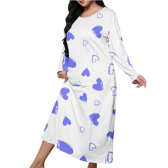 Kaemgyyd Women's Plus Size Nightgown Cute Heart Crew Neck Warm Sleep Shirt Lightweight Long Sleeve Shower Bathrobe Sleepwear