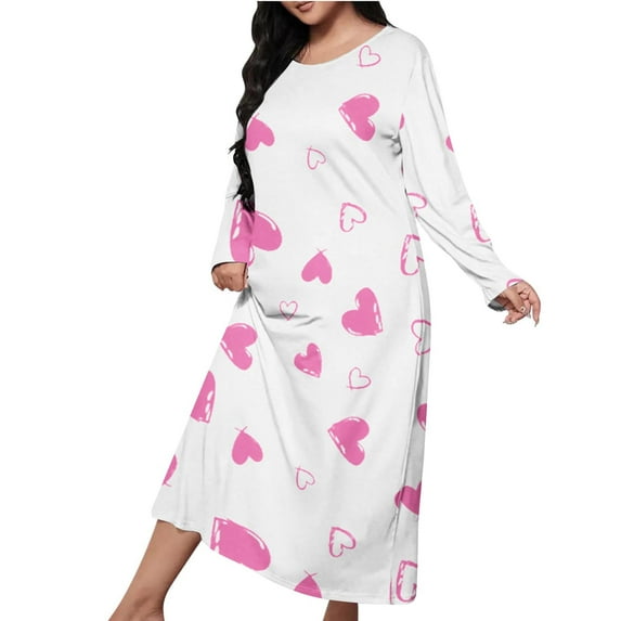 Kaemgyyd Women's Plus Size Nightgown Cute Heart Crew Neck Warm Sleep Shirt Lightweight Long Sleeve Shower Bathrobe Sleepwear