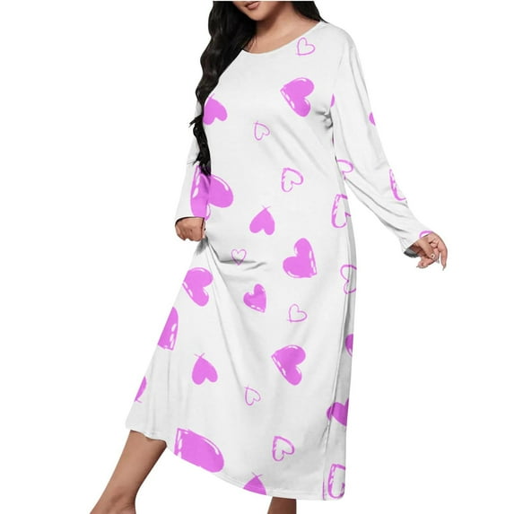 Kaemgyyd Women's Plus Size Nightgown Cute Heart Crew Neck Warm Sleep Shirt Lightweight Long Sleeve Shower Bathrobe Sleepwear