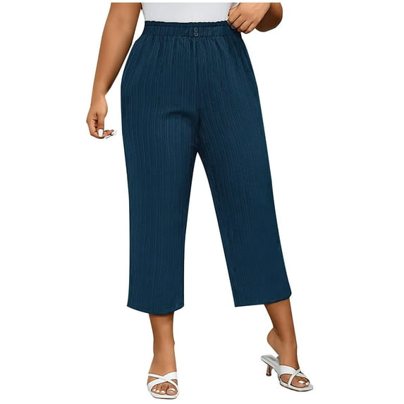 Kaemgyyd Women's Plus Size Pants Casual Loose Wide Leg Work Trousers Lounge Elastic High Waist Capri Pants with Pockets
