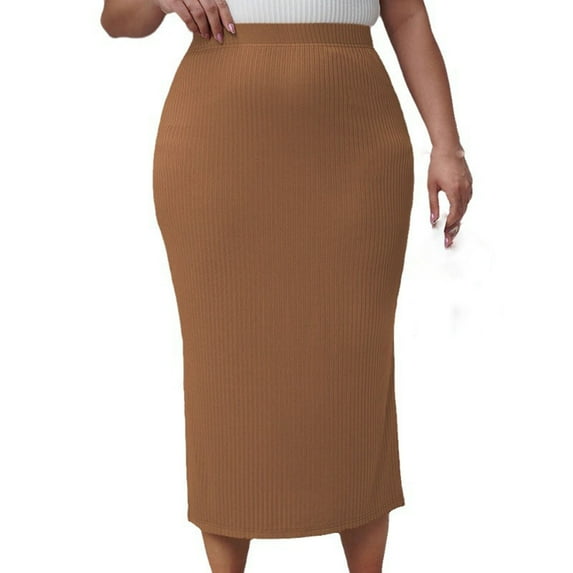 Kaemgyyd Women's Plus Size Stretch Skirt Slide Slit Slim Work Office Pencil Skirt Solid Color Corduroy Fashion Midi Skirt