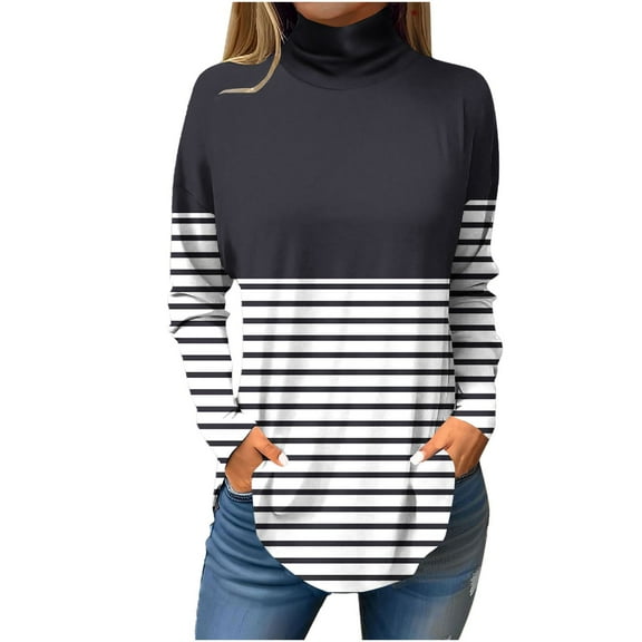 Kaemgyyd Women's Plus Size Tops Long Sleeve High Neck Oversized T Shirts Loose Casual Color Block Tunics