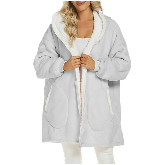 Kaemgyyd Women's Plush Bathrobe Fashion Color Block Oversized Hooded Housecoat Winter Warm Full Zip Sherpa Fleece Loungewear
