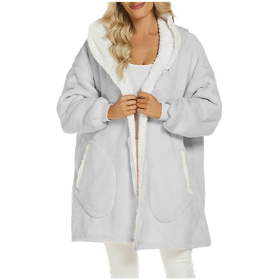 Kaemgyyd Women's Plush Bathrobe Fashion Color Block Oversized Hooded Housecoat Winter Warm Full Zip Sherpa Fleece Loungewear