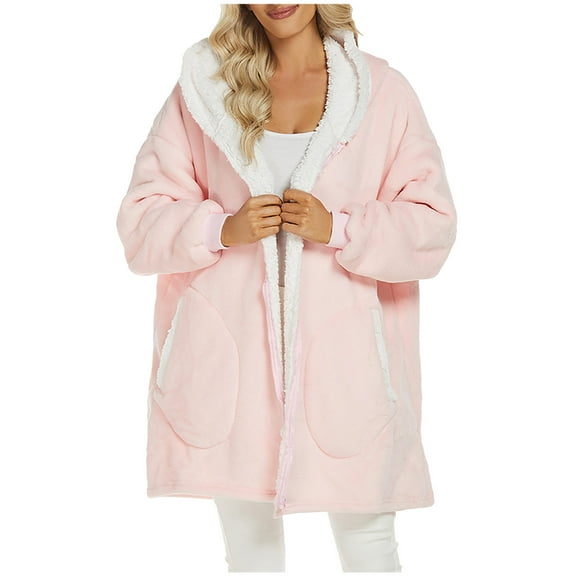 Kaemgyyd Women's Plush Bathrobe Fashion Color Block Oversized Hooded Housecoat Winter Warm Full Zip Sherpa Fleece Loungewear