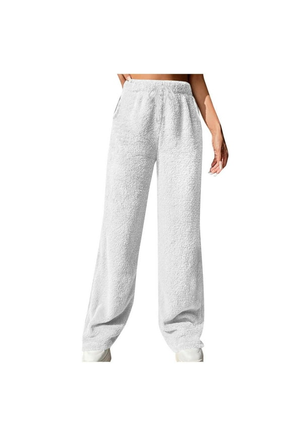 Women's Plush Fuzzy Pants Winter Warm Cozy Drawstring Pants Solid Sherpa Wide Leg Fleece Sweatpants with Pockets
