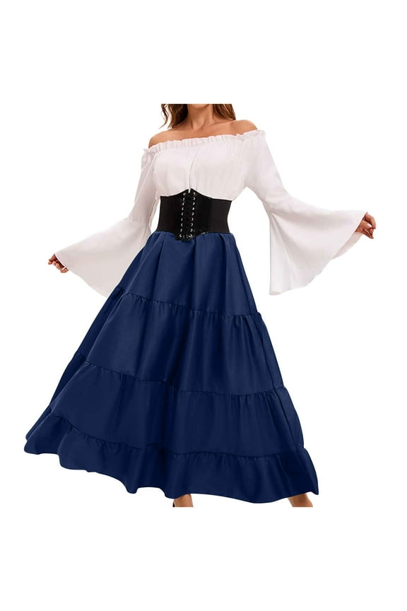 Women's Renaissance Dress off Shoulder Vintage Medieval Elegant Dress Long Sleeves Tiered Gothic Gown